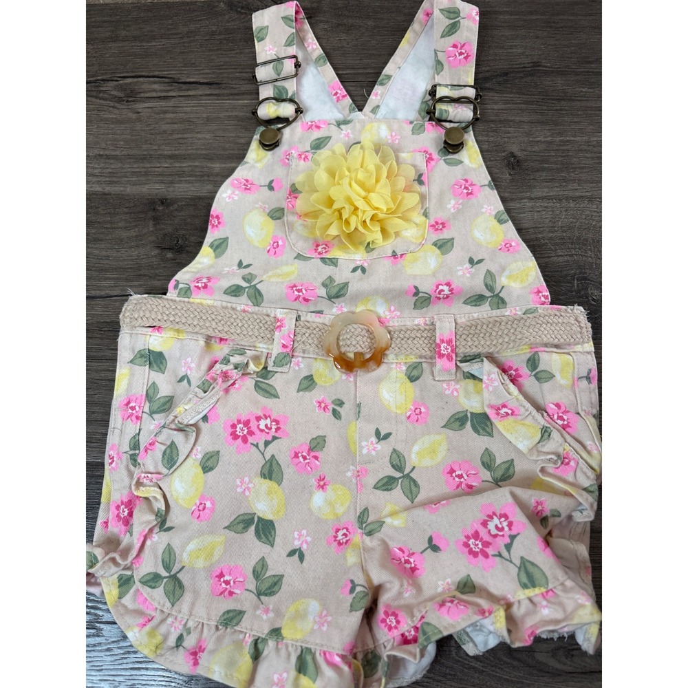 Girls Floral Lemon Print Shortalls with 3D Flower and Belt 3T Pink Yellow - Picture 1 of 3